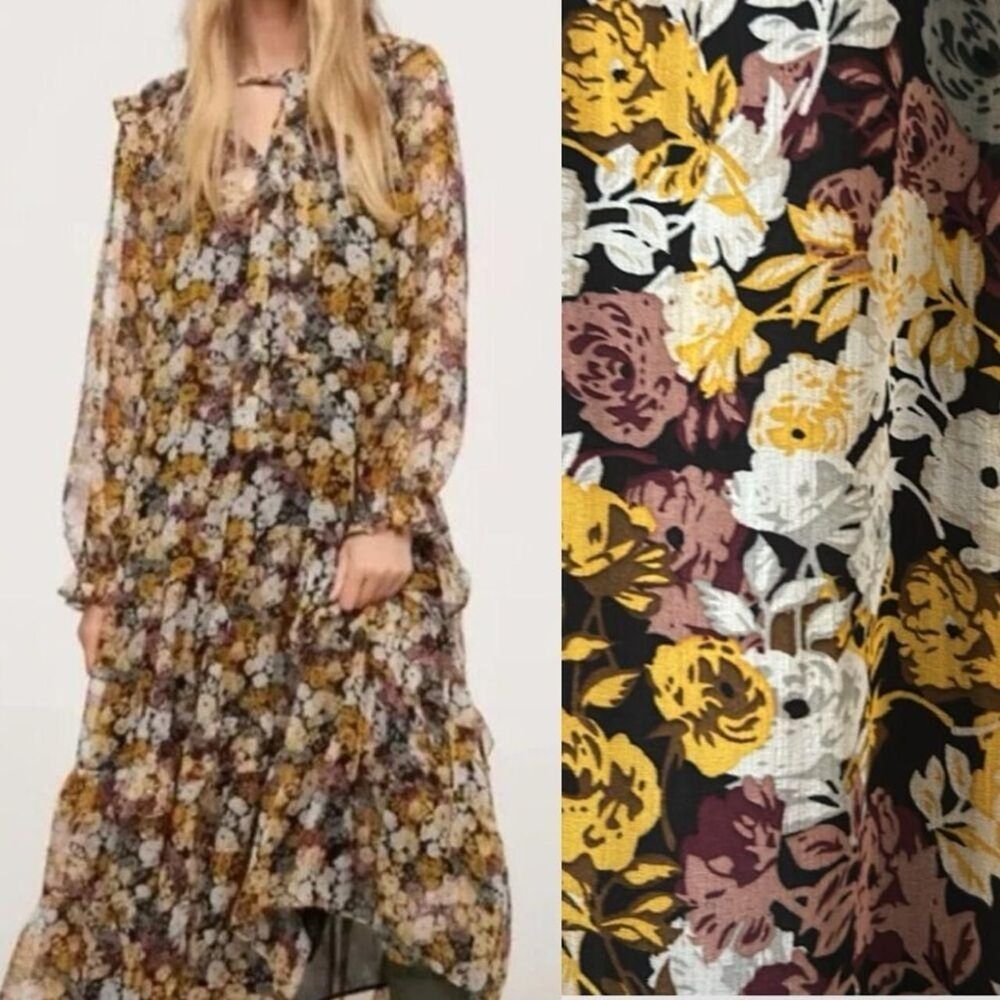 New MNG Mango Juliet Black Sheer Floral Ruffle Marigold Maxi Dress XL/10 Boho